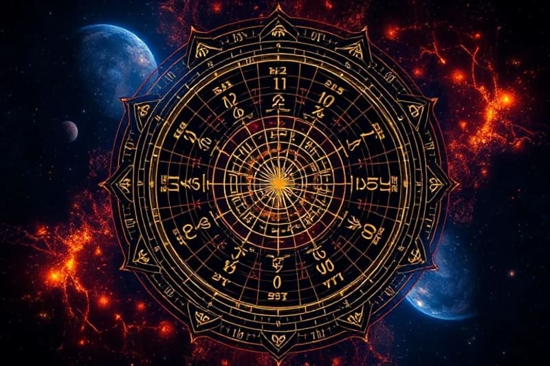 Two overlapping astrological natal charts with connecting lines showing planetary interactions, symbolizing synastry.