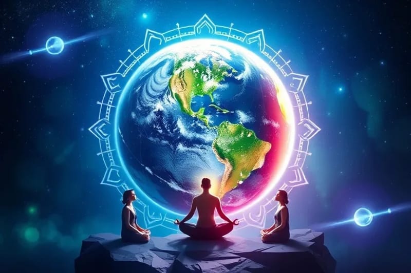 Tierra estilizada rodeada de energía cósmica y figuras humanas meditando.