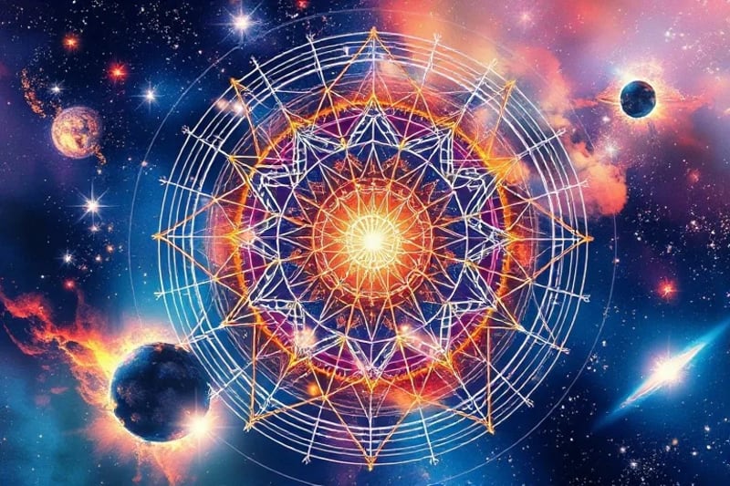 Cuadro abstracto de redes energéticas interconectadas, ley lines y símbolos astrológicos.