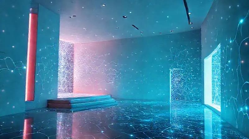 Representación digital de redes neuronales integradas en elementos arquitectónicos, mostrando la conexión entre el cerebro y el diseño espacial para la mejora cognitiva.