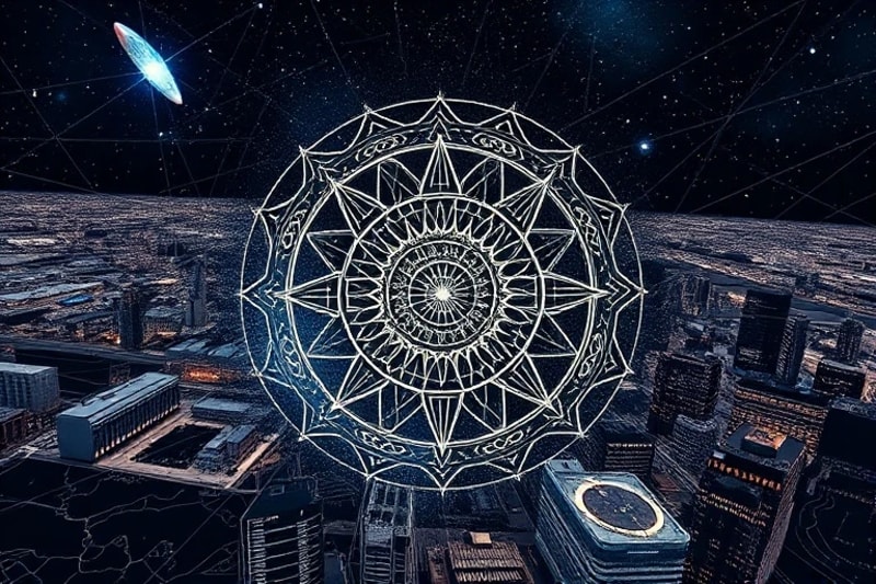 Abstract geometric patterns connecting urban elements, symbolizing cosmic alignment