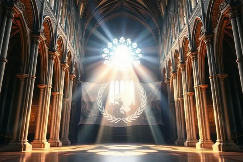 Antiguo pergamino revelando proyecciones holográficas de eventos globales y un símbolo etéreo de guía divina.