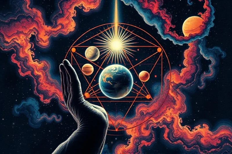 Abstract digital painting of a Yod aspect pattern with an apex planet illuminated by light