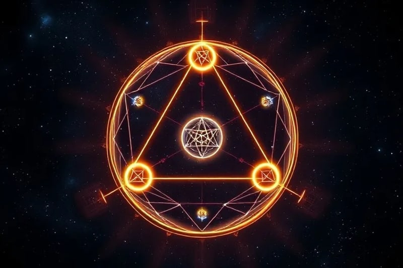 3D render of a Grand Trine pattern with three glowing orbs connected by luminous lines in cosmic space