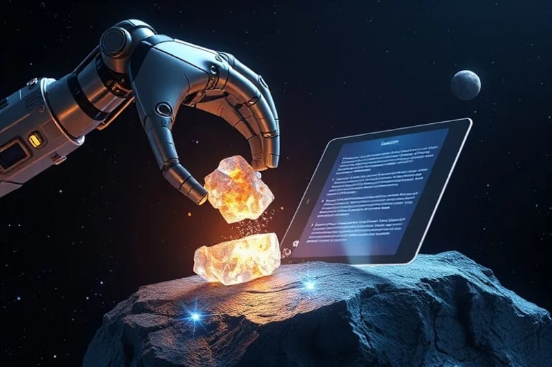 Render 3D de un brazo robótico extrayendo recursos de un asteroide, con una tableta holográfica mostrando cláusulas legales.