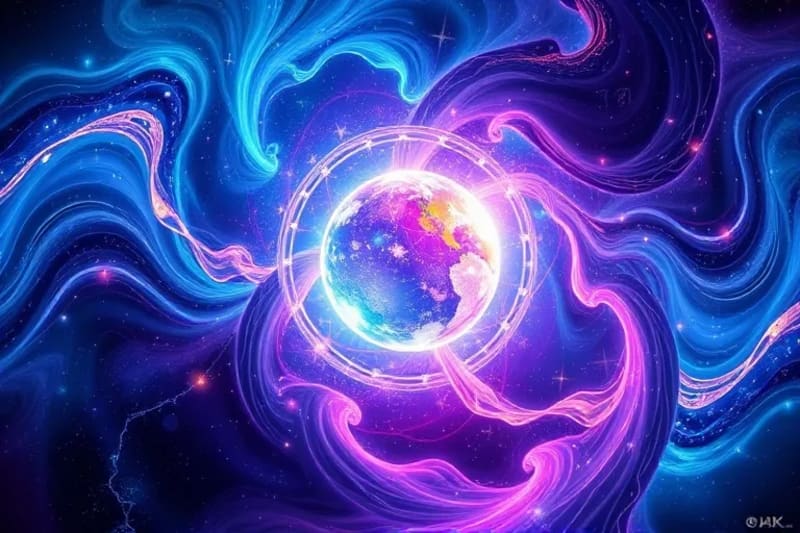 Abstract energy streams representing planetary influences and human consciousness