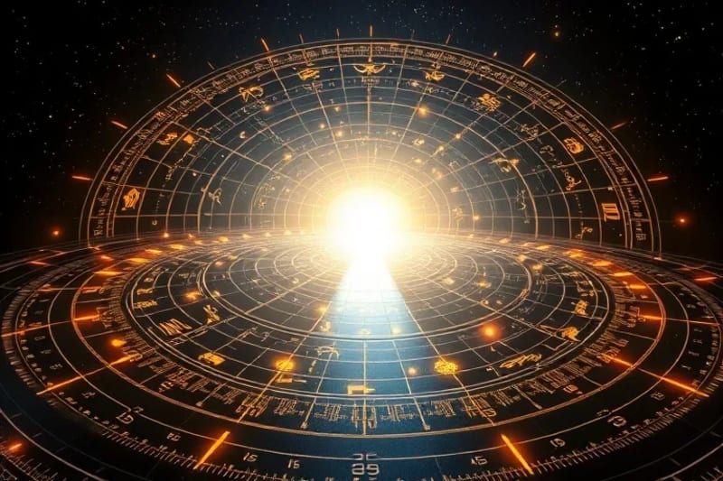 Intricado camino cósmico o laberinto con símbolos rúnicos brillantes, guiando hacia una luz distante en un entorno estrellado, representando el destino.