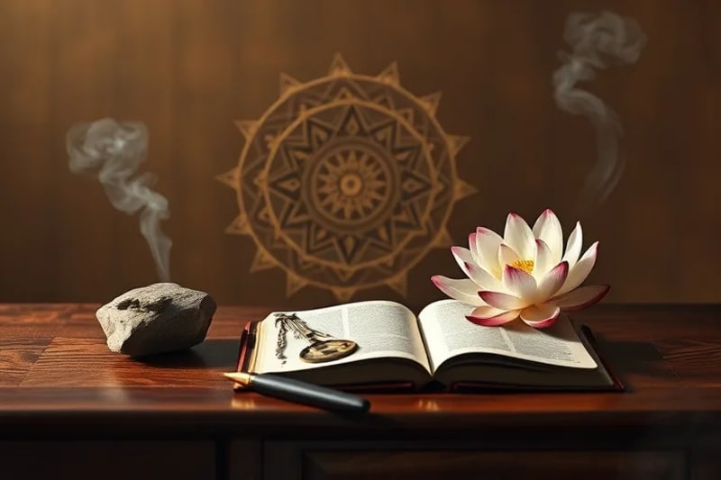 Still life of astrological tools, journal, and lotus flower