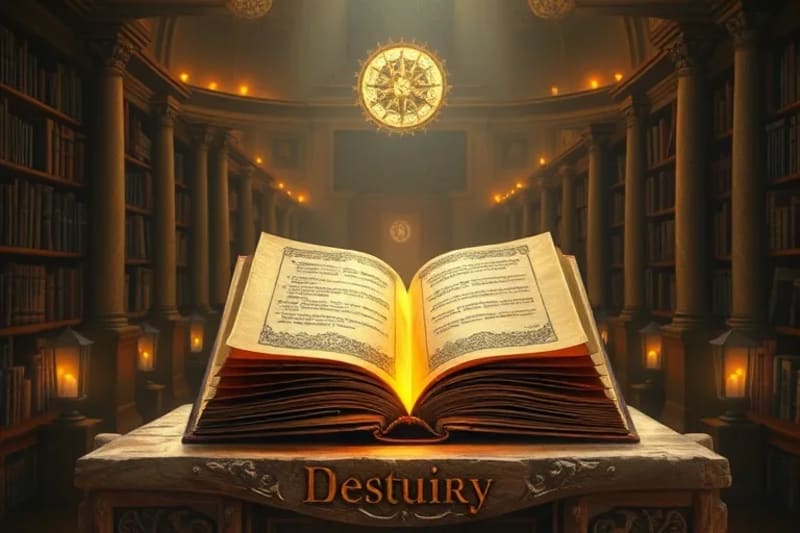 Pintura al óleo de una biblioteca antigua con libros místicos, uno abierto revelando símbolos de destino y caminos entrelazados.