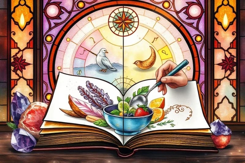 Libro de recetas acuarela con cristales y mano revolviendo ingredientes frescos, tonos suaves.