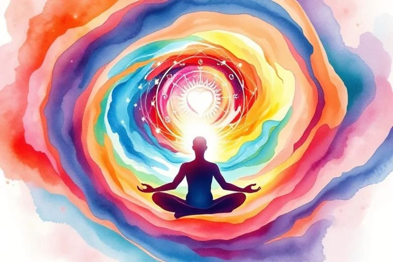 Human silhouette meditating within a colorful vortex, symbolizing personal transformation.