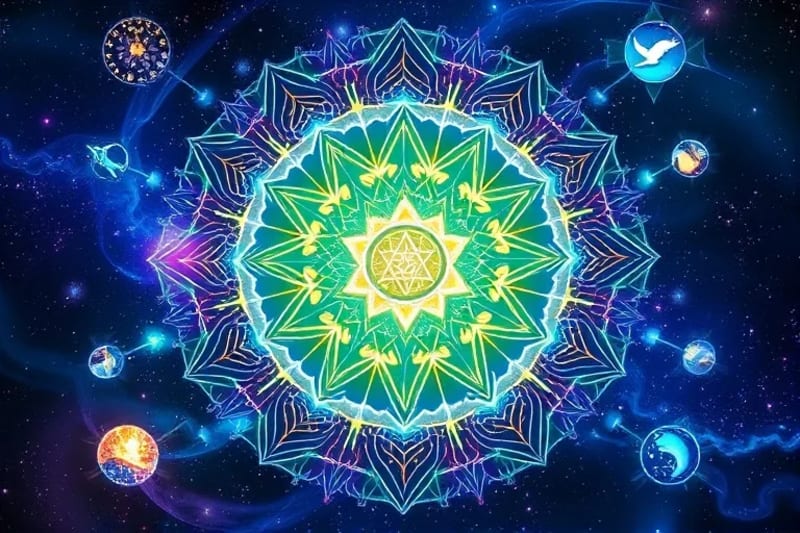 Render 3D abstracto de energía fluyendo, chakras y alimentos etéreos, tonos azules y dorados.