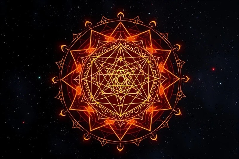 Sacred geometry symbols formed by sound waves from mantra beads, depicting energetic patterns.