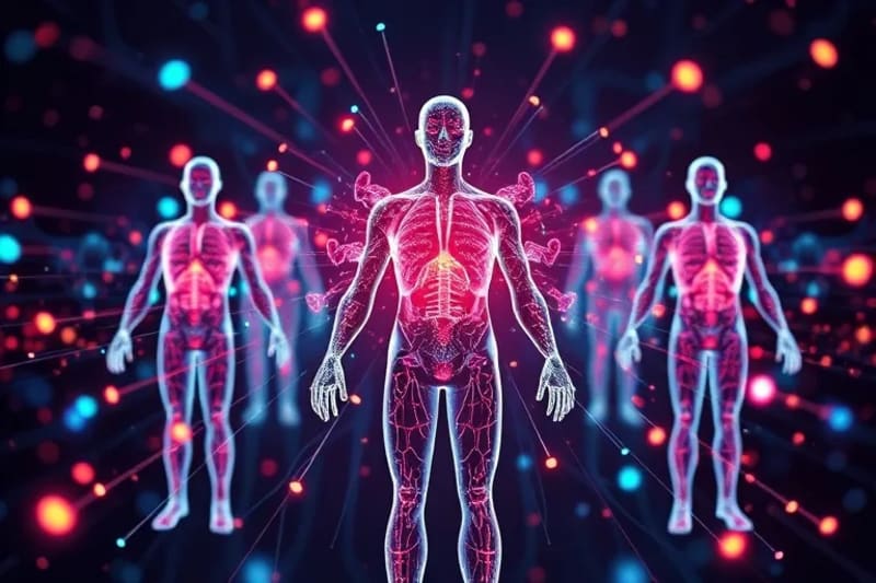 Ilustración vectorial de cuerpos humanos interconectados con datos de salud genéticos, fluyendo hacia un sistema de IA para medicina preventiva personalizada.