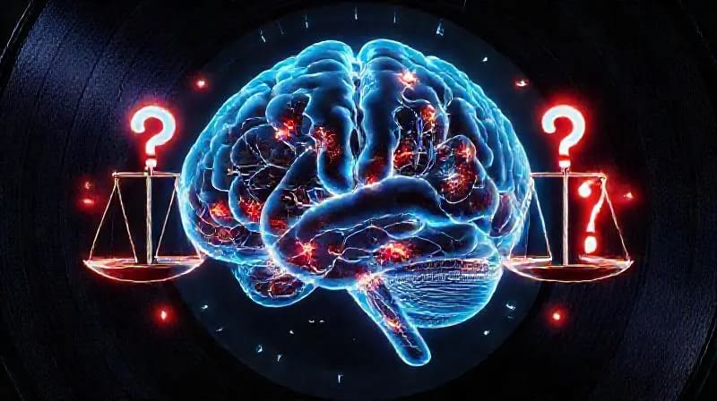 Render 3D de un cerebro humano con redes neuronales, rodeado de signos de interrogación y balanzas, simbolizando los dilemas éticos de la ingeniería genética.