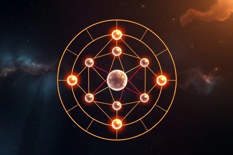 Estructura geométrica luminosa con esferas en polos opuestos, representando el equilibrio kármico