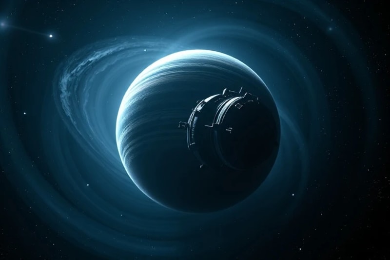 Sonda espacial realizando asistencia gravitacional cerca de un planeta