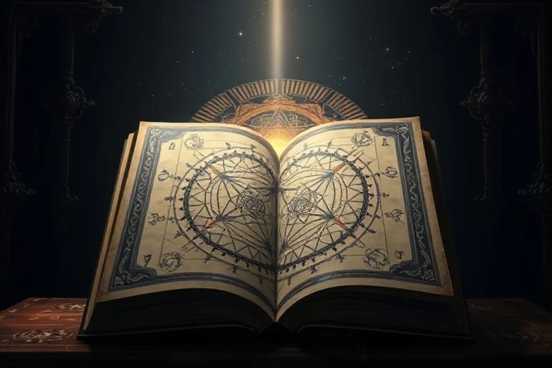 Digital painting of an open, ancient grimoire displaying Tarot card imagery and complex geometric diagrams, illuminated by light in a mysterious library.