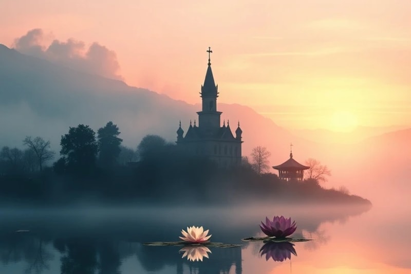 Una persona meditando en un entorno natural sereno, con colores suaves y una atmósfera de calma y reflexión profunda.