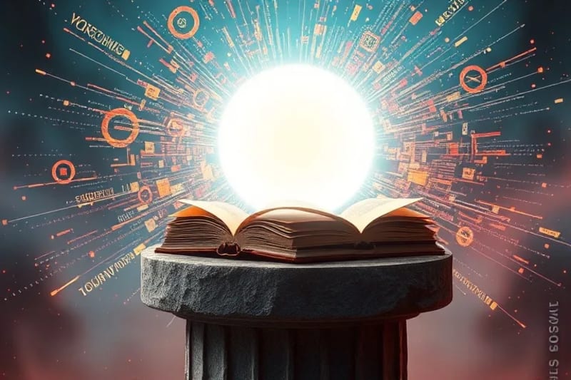 Representación abstracta de la mente humana en calma, rodeada de elementos que simbolizan el flujo de datos y la información digital, pero con un núcleo de quietud y claridad.