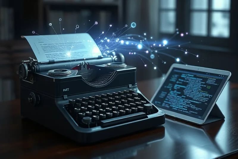 Máquina de escribir antigua con datos digitales etéreos fluyendo hacia una tablet moderna.