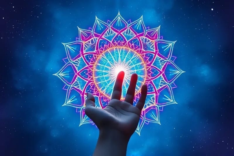 Digital art depicting luminous DNA strands interwoven with colorful sound waves, symbolizing repair and activation at a genetic level.