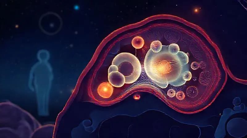 Detailed scientific illustration of healthy, regenerated human cells within tissue, showing sound waves promoting optimal cellular function.