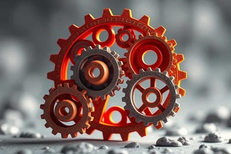 Conceptual 3D render of intricate gears and cogs, symbolizing relationship mechanics and psychological interplay.