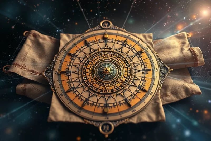 Antique astrological tools with modern digital interfaces showing data streams and light patterns