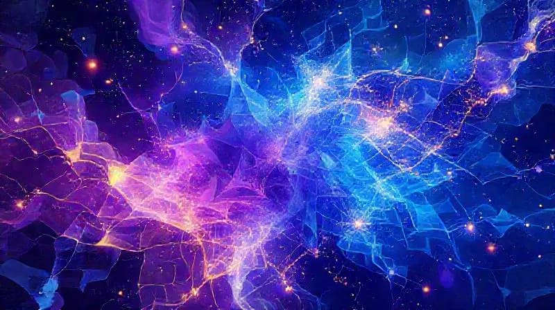 Abstract cosmic energy flows weaving through a crystalline structure, illustrating hidden patterns