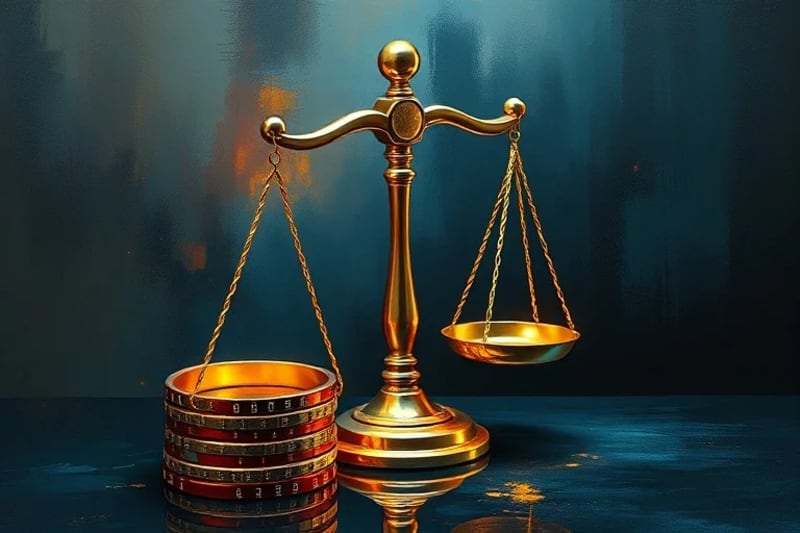 Conceptual still-life de un libro de leyes digital entrelazado con una cadena de bloques luminosa y un martillo de juez.