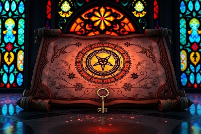 Conceptual still-life with ancient scroll, dream symbols, and astrological charts