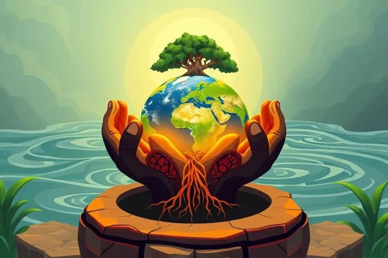Manos interconectadas que sostienen el planeta Tierra con raíces y hojas protectoras.