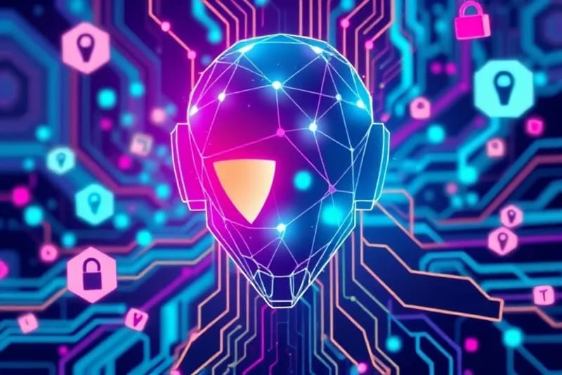 Ilustración vectorial de una criatura mítica digital emergiendo de un entramado de código binario y circuitos, con ojos brillantes que representan la vigilancia en el ciberespacio.