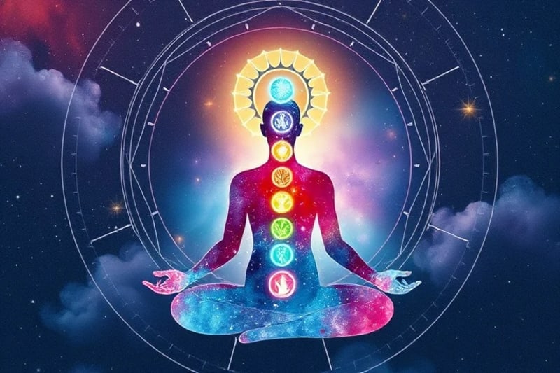 Silueta humana en meditación con siete chakras iluminados por cristales translúcidos en acuarela.