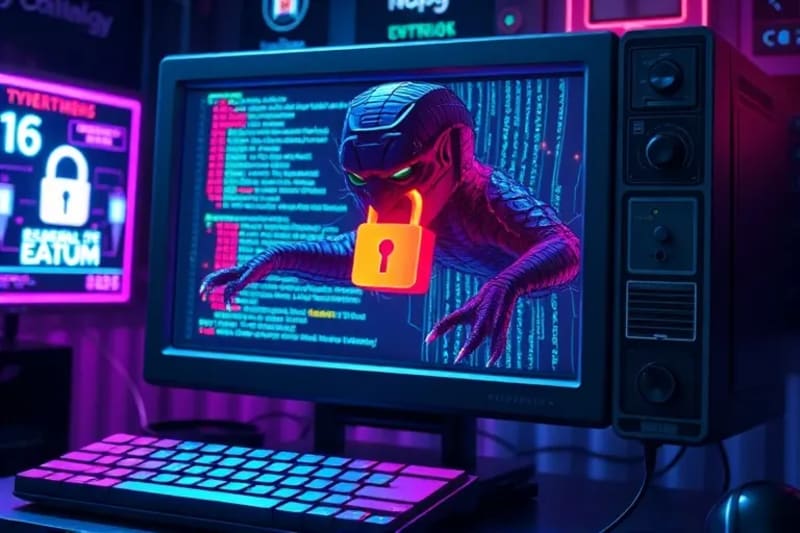 Fotografía macro de un chip de computadora con circuitos intrincados, iluminado con luces de neón que evocan un ambiente de ciberseguridad y misterio digital, simbolizando amenazas ocultas.
