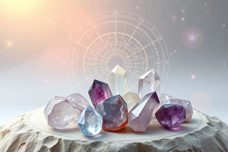 Colección de cristales curativos, pulidos y en bruto, sobre una superficie orgánica, con una suave luz que resalta sus detalles.