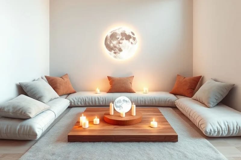 3D render of a tranquil meditation space with a crystal grid and holographic new moon projection.