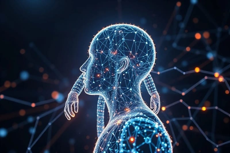 Representación 3D de una silueta humana interactuando con datos genéticos y biosensores