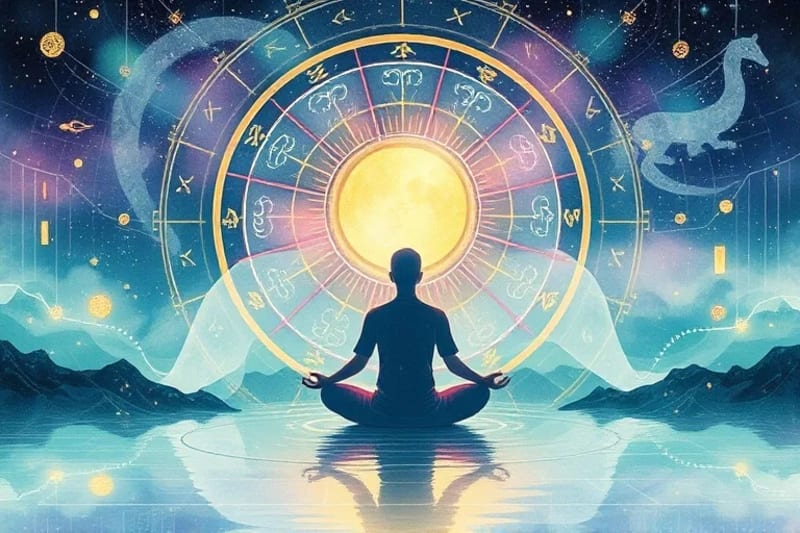 Abstract watercolor of energy flow connecting a meditating person with digital symbols