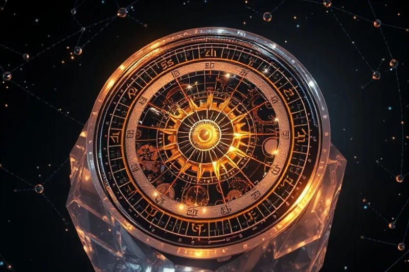 Mecanismo de reloj intrincado con símbolos astrológicos, representando ciclos kármicos