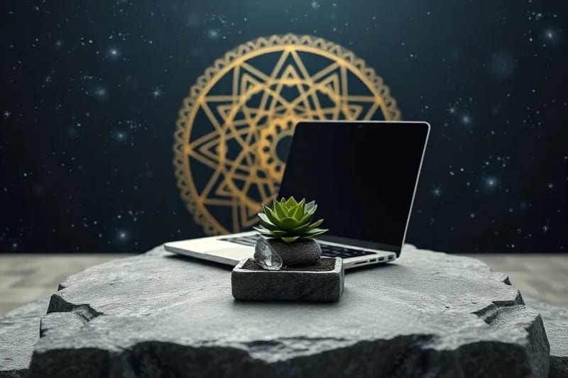 3D render of a laptop and smartphone on a stone surface with a Zen garden, plant, and crystal