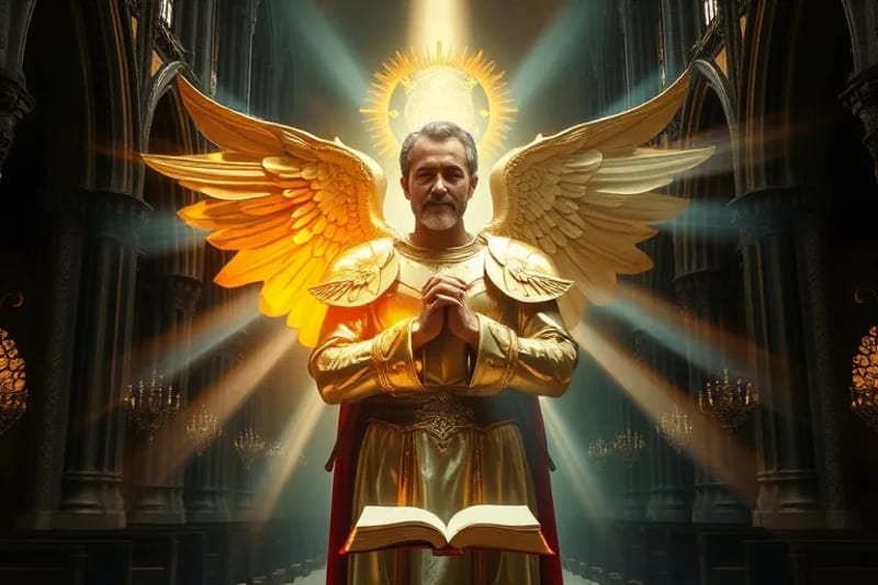 Manos orando sobre un libro sagrado, con luz dorada disolviendo ruido digital