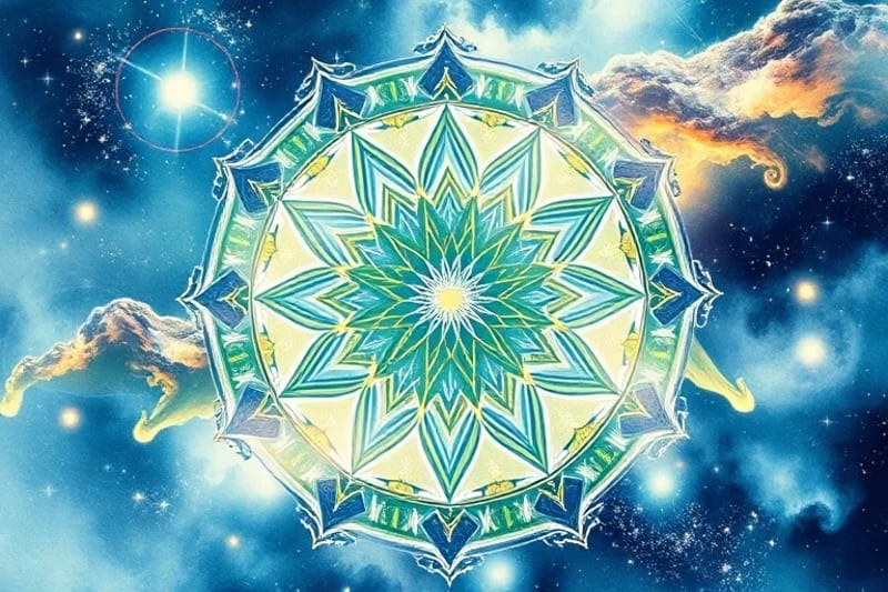 Pintura acuarela abstracta que fusiona patrones de ondas cerebrales con constelaciones y símbolos astrológicos, en tonos suaves y etéreos.