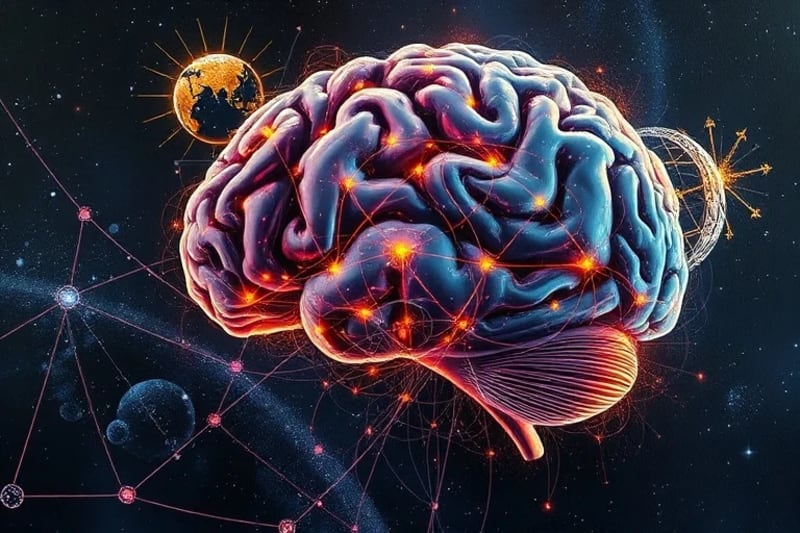 Vector art of a brain interwoven with circuits connecting to globes, symbolizing AI mapping global consciousness.