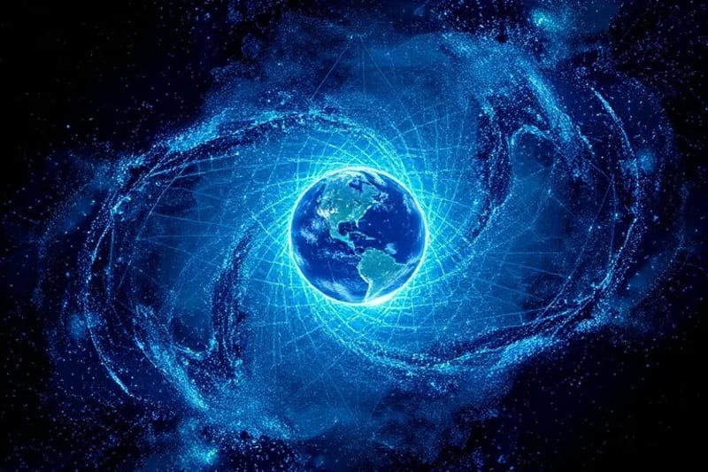 Abstract digital painting of swirling data points and celestial dust forming an interconnected web, with a glowing sphere representing global consciousness.