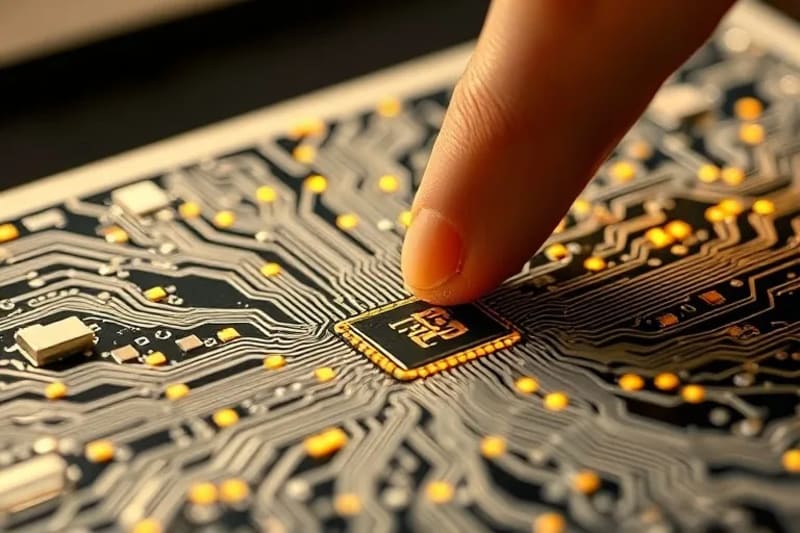 Primer plano de una placa de circuito intrincada con fibras luminosas que se asemejan a vías neuronales, siendo tocada suavemente por una mano humana, simbolizando la conexión entre la emoción humana y la inteligencia artificial.