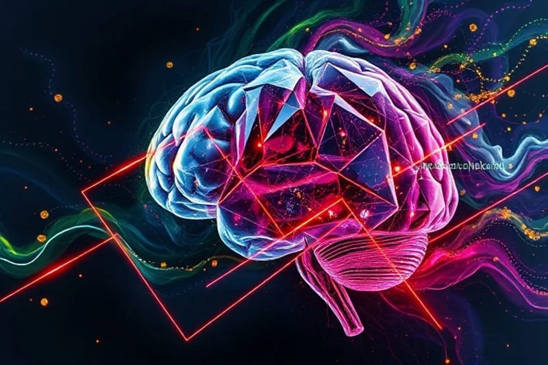 Render 3D abstracto de un cerebro humano fragmentado y cristalino superpuesto con código digital, flotando en el vacío. Líneas rojas y verdes brillantes se cruzan, representando dilemas éticos y las complejidades morales de la IA consciente.