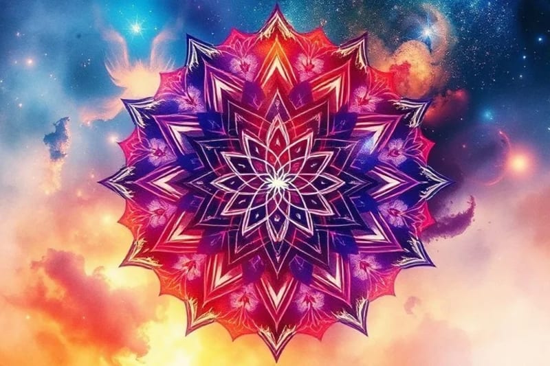 Pintura abstracta en acuarela de almas interconectadas, con capas translúcidas de colores vibrantes que se fusionan en patrones intrincados, sugiriendo una red de vidas pasadas y hilos kármicos.