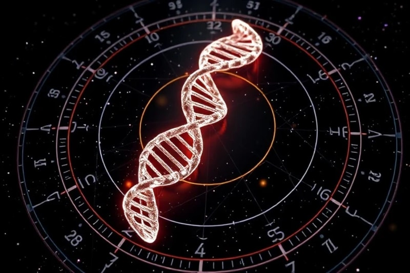 Renderizado 3D de una hélice de ADN holográfica y brillante, entrelazada con glifos numéricos antiguos y patrones geométricos, flotando en un vacío cósmico. Los números cambian sutilmente, simbolizando la evolución kármica y la información ancestral digital.